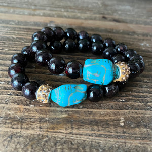 Medium Garnet and Aqua Buddha Bracelet