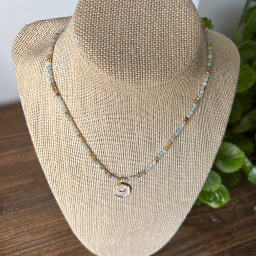 Gold Angel Wing Necklace with Hematite and Amazonite