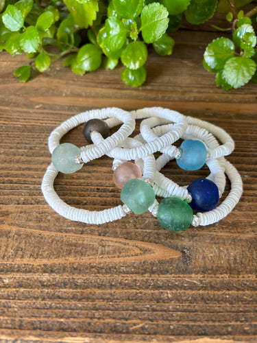 Sea Glass, Shell, and Karen Hill Tribe Silver Bracelets