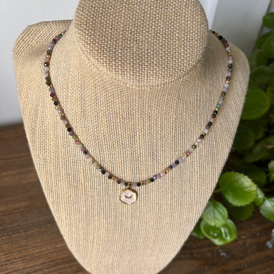 Gold Angel Wing Necklace with Tourmaline and Hematite Gemstones