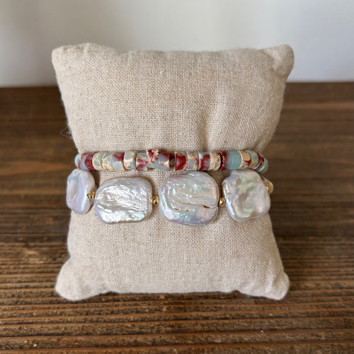 Blue Snakeskin Jasper, Pearl, and Hematite Double Wrap Bracelet