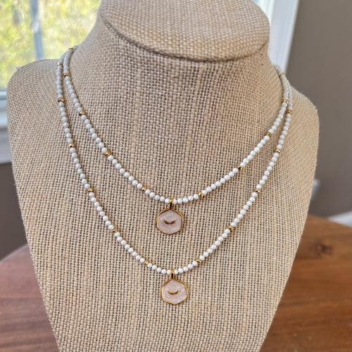 Gold Angel Wing Necklace with White Agate & Hematite