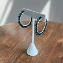 Load image into Gallery viewer, Blue Goldstone and Green Seed Bead Hoop Earrings