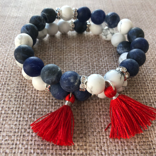 Red, White, and Blue Howlite and Sodalite Tassel Bracelet